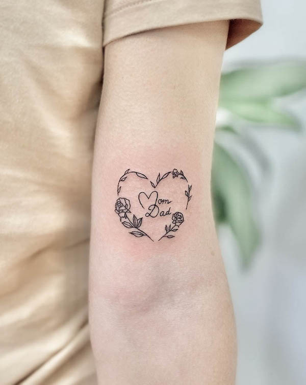 Tattoos With The Inscription Of Mom And Dad Two Hearts With A Flower And A  Bird Vector Flat Tattoo Congratulation For Parents With An Anniversary A  Tattoo For Loving Parents Tattoos In