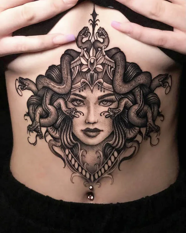 Intricate Medusa sternum tattoo by @jakenavarro.tattoo