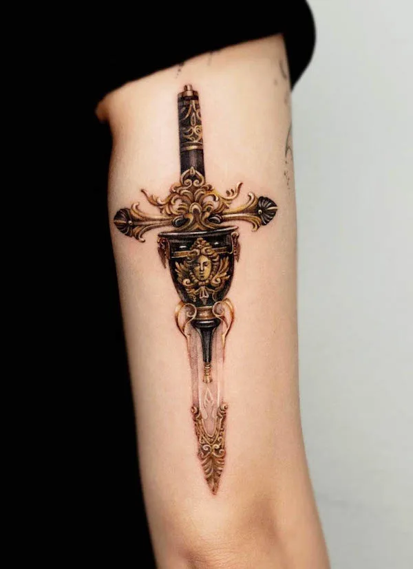 Intricate vintage sword tattoo by @chou_ta_1