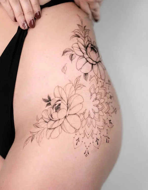 Mandala and flowers hip tattoo by @la_source_tattoo