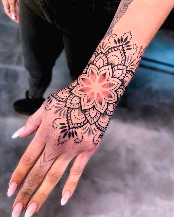 Mandala bracelet and hand tattoo by @norinatattoo