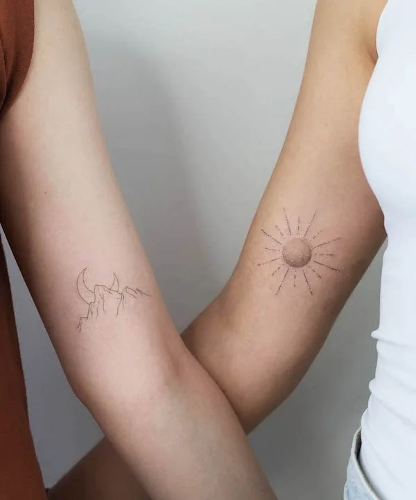 Matching sun and mountain best friend tattoos by @savingbambi