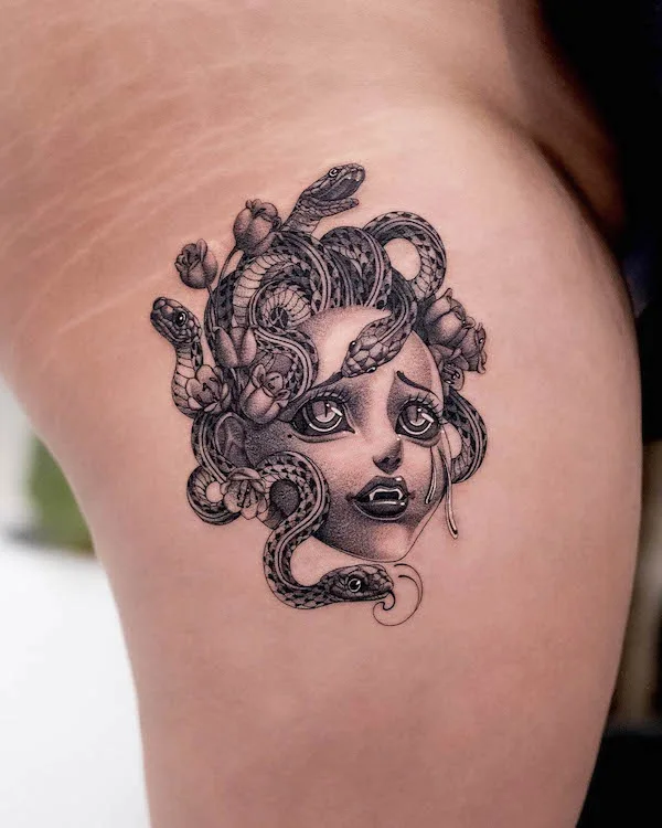 Medusa doll tattoo by @gemil_grim