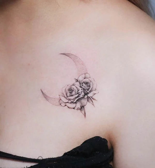 Moon and rose tattoo by @gameboitellem
