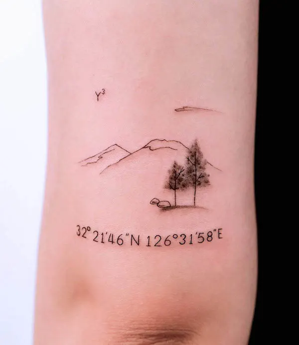 Mountain and coordinates tattoo by @tattooist_usol