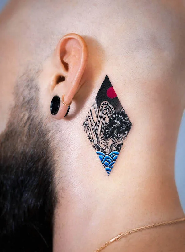 Oriental mountain tattoo behind the ear by @e.nal_.tattoo