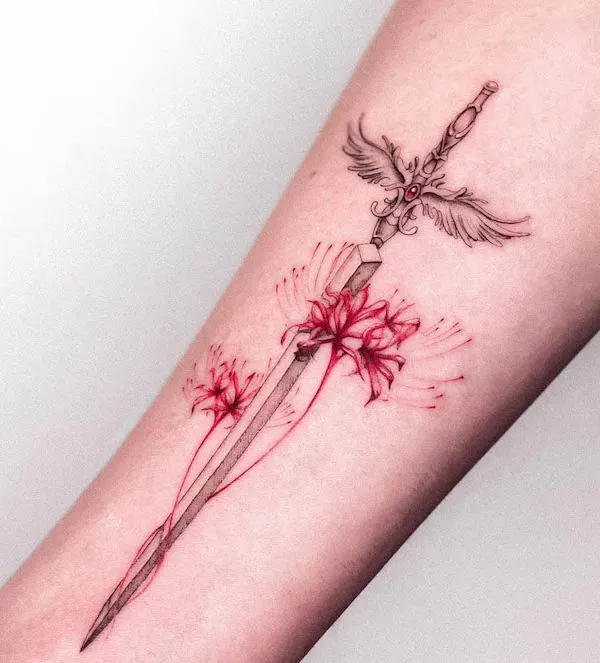 Red spider lily sword tattoo by @tuttitatts
