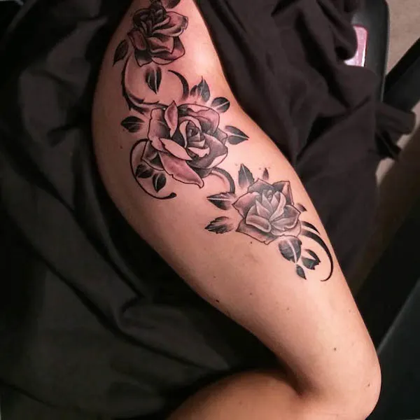 Rose blackwork thigh tattoo by @the_nail_king
