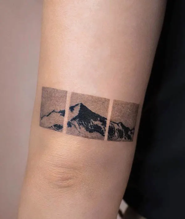 Simple mountain collage tattoo by @da.zi__
