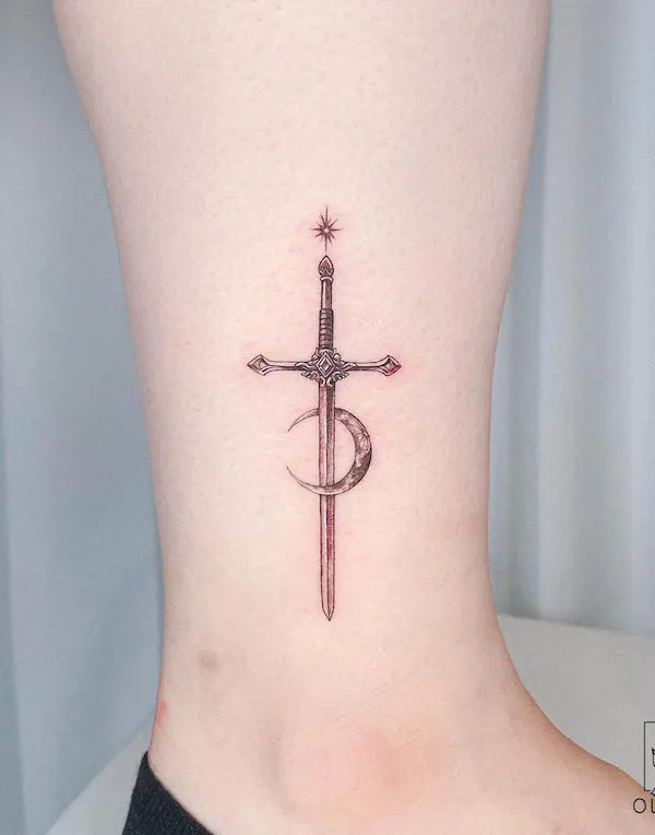 Small sword ankle tattoo by @tattoo_artist_olive