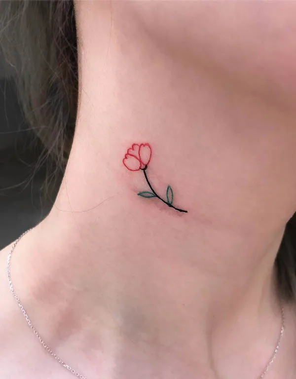 Single needle rose tattoo on the neck