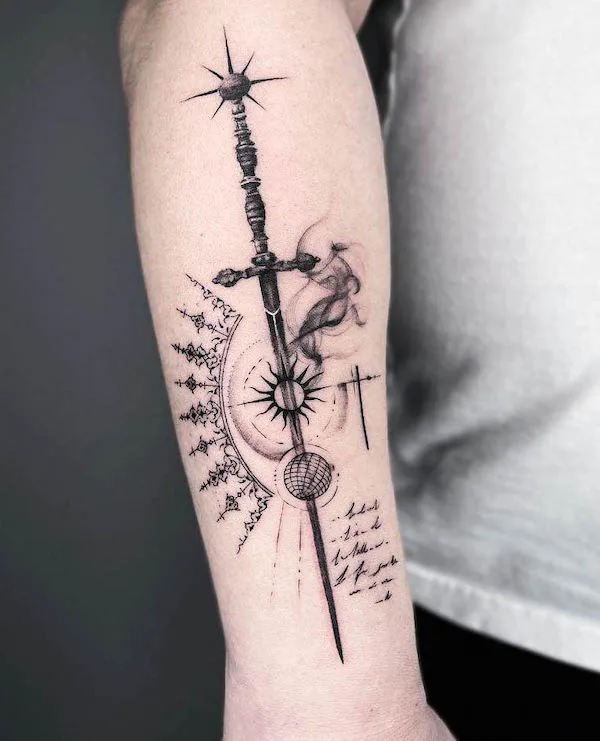 Sun and sword ornamental tattoo by @khakittattoo