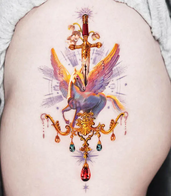 Sword and unicorn thigh tattoo by @jooa_tattoo