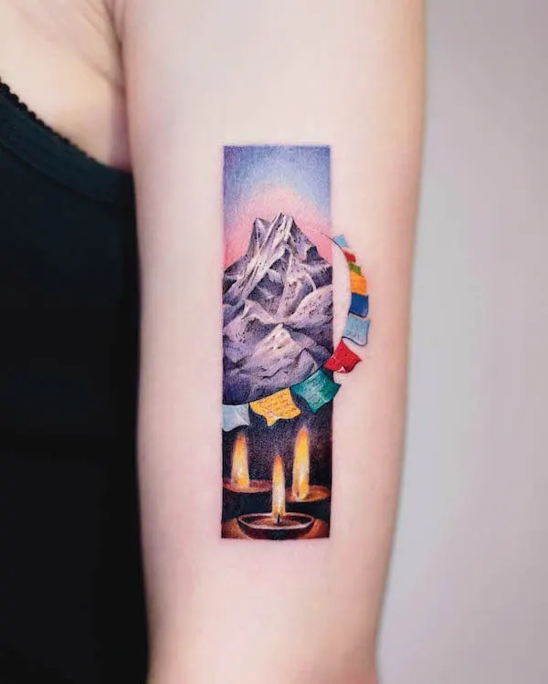 Tibetan prayer mountain tattoo by @ornot_tattoo