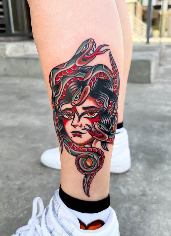 Traditional Medusa tattoo by @jeronimo_tattoo