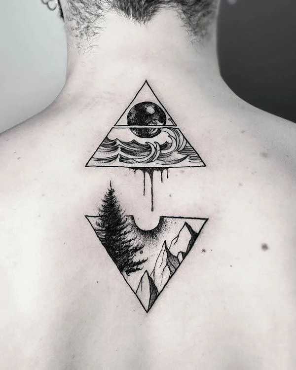 Triangle mountain back tattoo by @luscheggia_tattooer