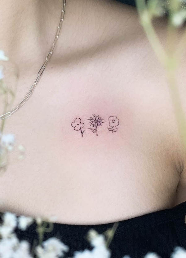 Triple flowers family tattoo by @inks_awakening
