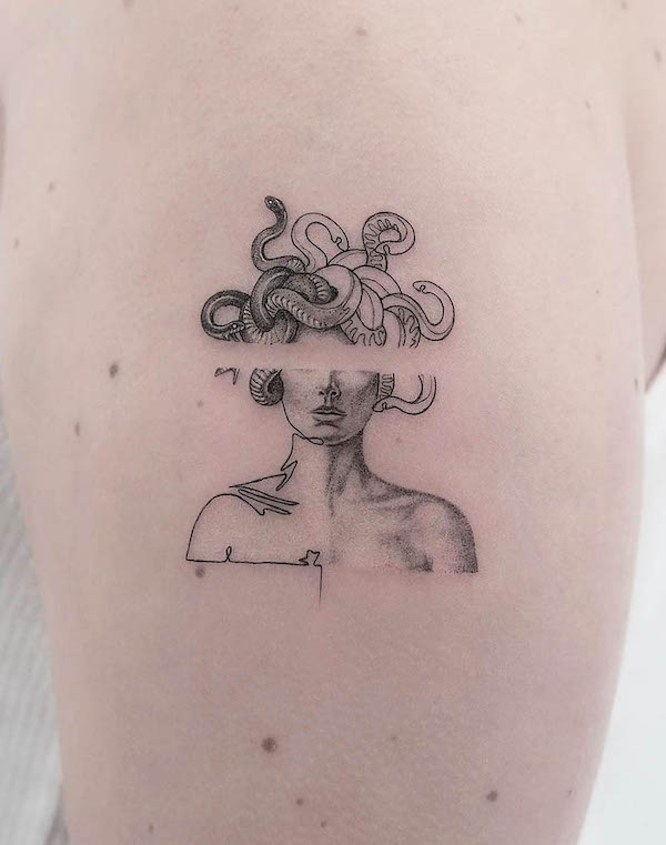 Unique small Medusa tattoo by @fleurnoiretattoo