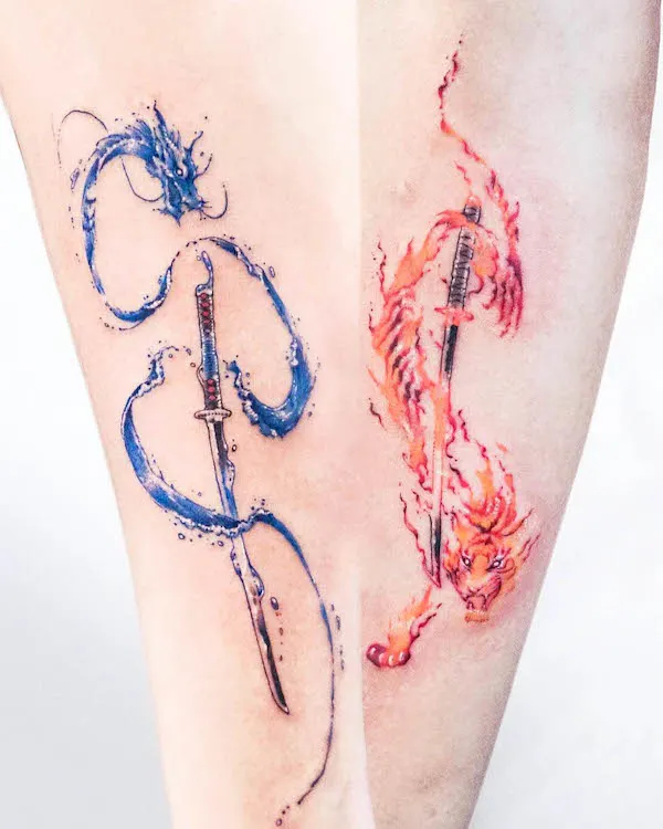 Water and fire katana tattoo by @tattooist.inno