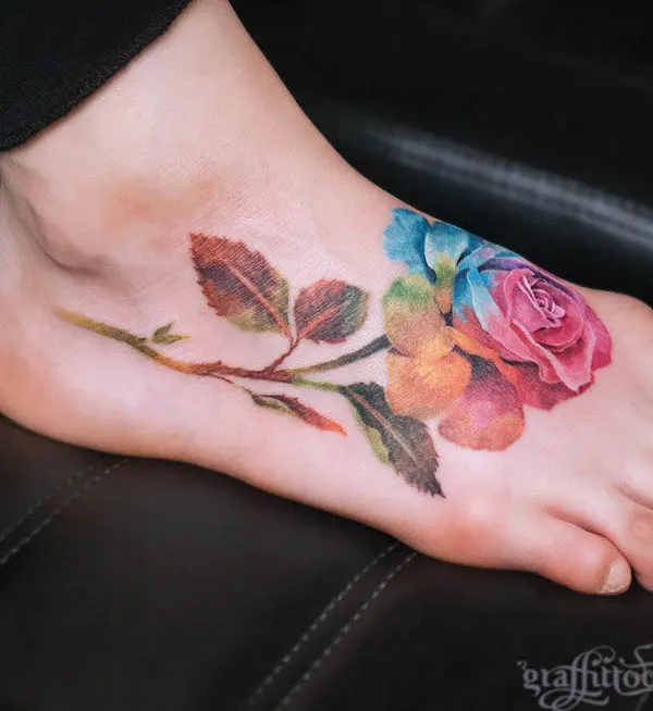 Watercolor rose foot tattoo by @graffittoo