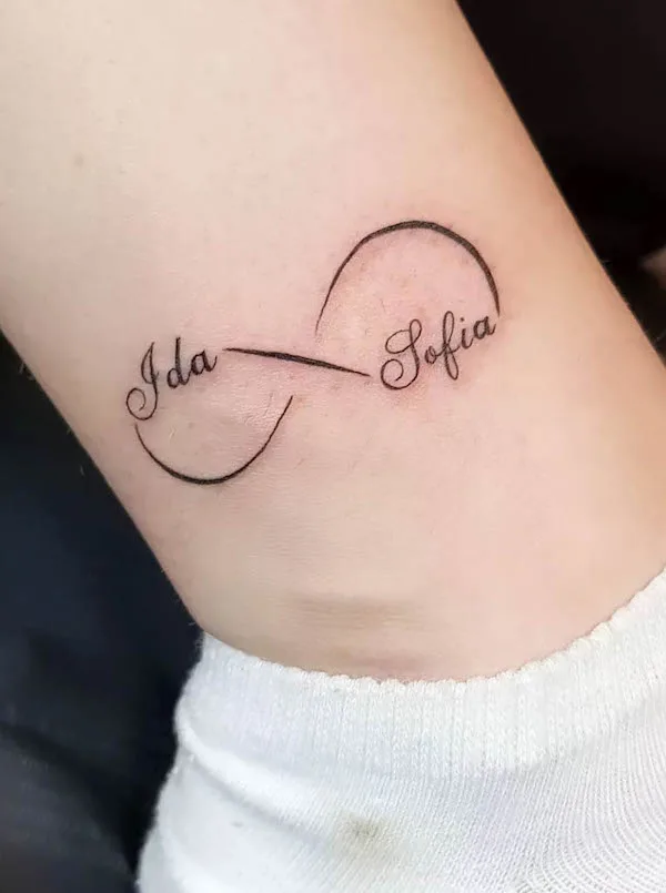 infinity ankle tattoo with names by @maiapoppytattoo