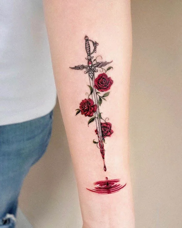 Bleeding sword forearm tattoo by @tattooist_solar