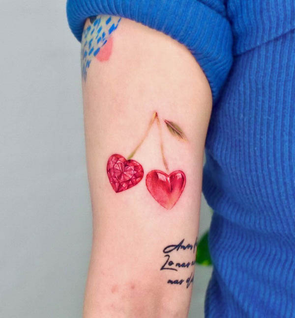 Cherry and gemstone cute tattoo by @indio.tattoocrew