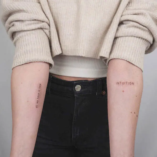 Dainty quote and one word forearm tattoos by @julesdry