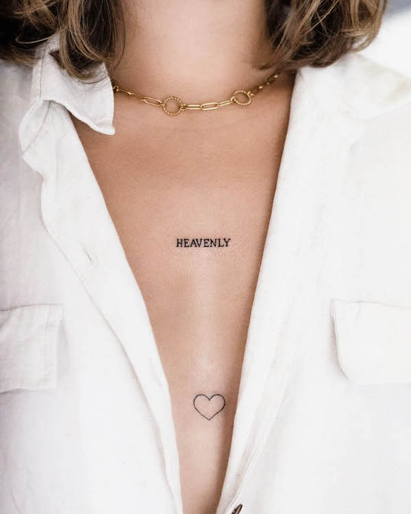 Word and heart shape chest tattoo by @louccia