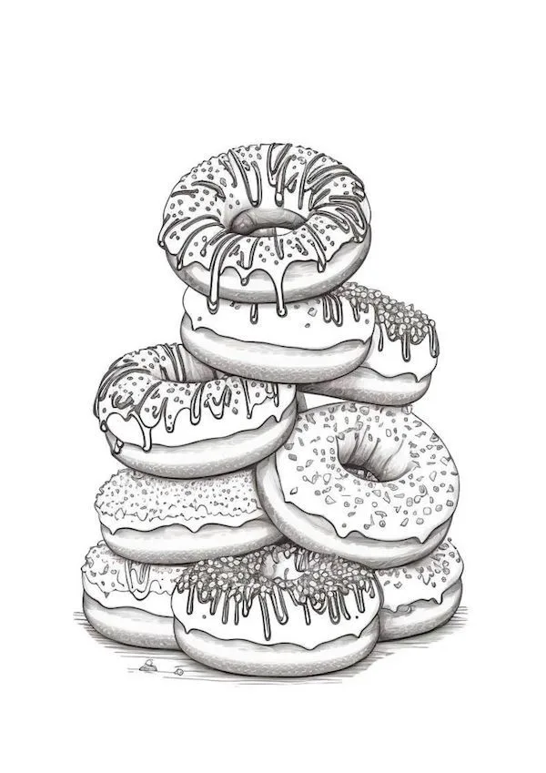 Delicious donut pile coloring page