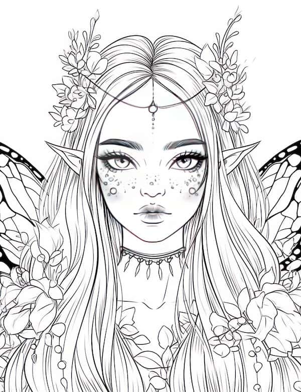 Detailed fairy portrait coloring page