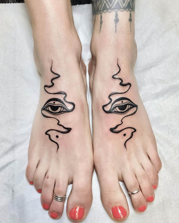 Eye and smoke foot tattoos for women by @stateofmindink