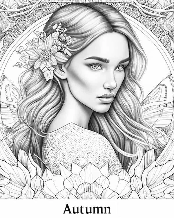 Fairy of autumn adult coloring page