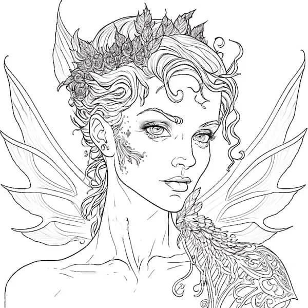 Floral warrior fairy coloring page for adults
