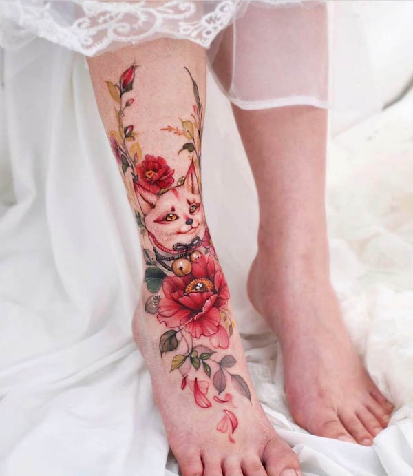 Fox and flowers foot tattoo by @chaewha_ink