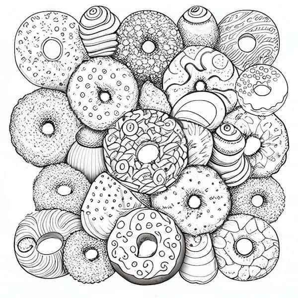 Intricate donut party coloring page for adults