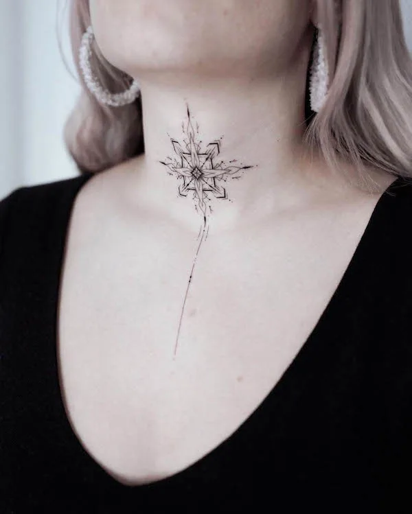 Ornamental mandala throat tattoo by @ninapost.ink_