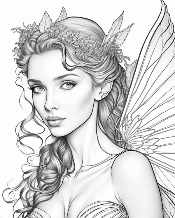 Realism greyscale fairy coloring page for adults