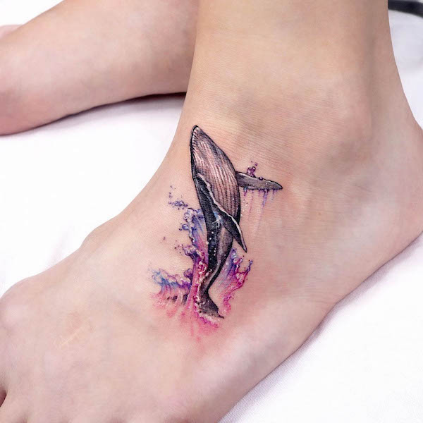 Watercolor whale foot tattoo by @tattooer_manda