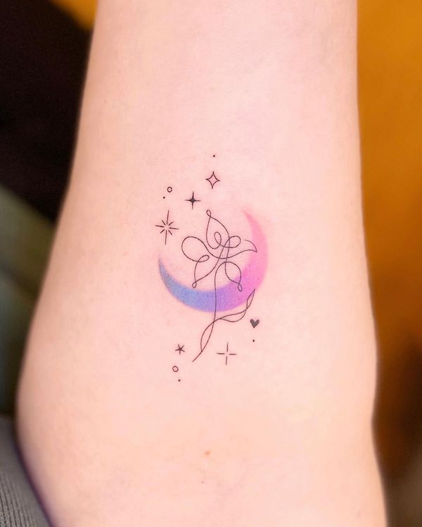 Abstract flower and moon fine line tattoo by @tattooist_yeonnie