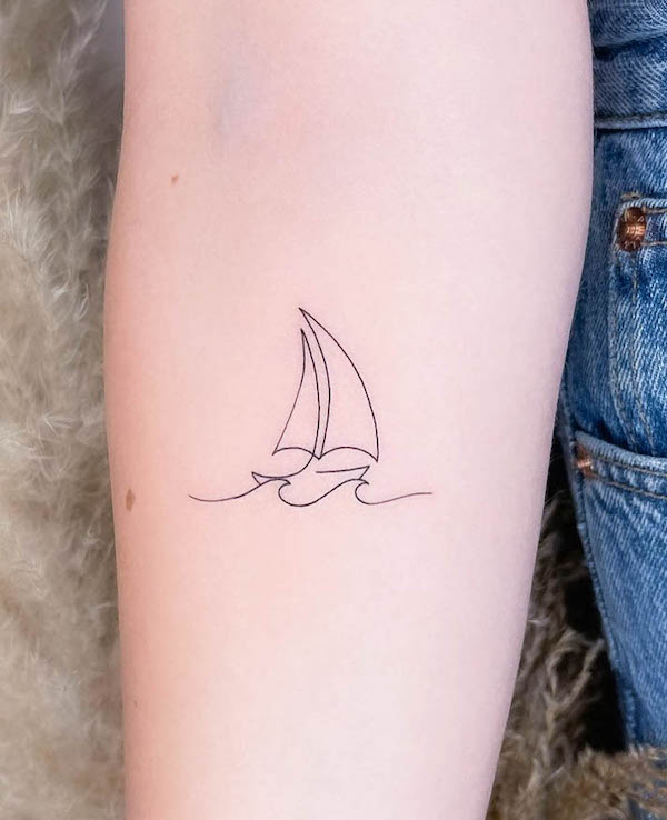Boat and wave tattoo by @ladnie.ink