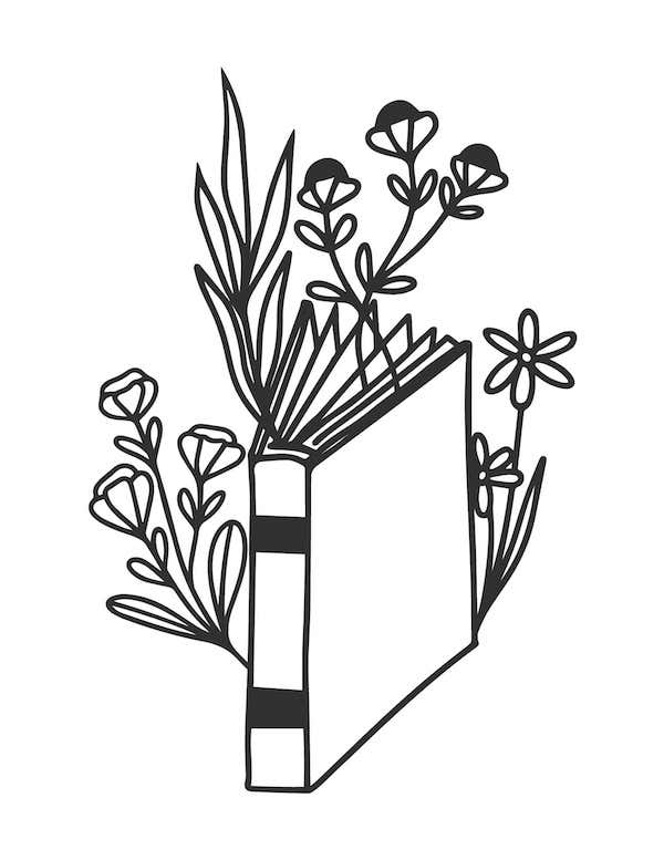 Book and flowers coloring page for kids