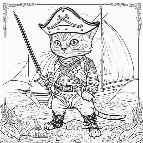 Cat pirate creative and fun cat coloring page
