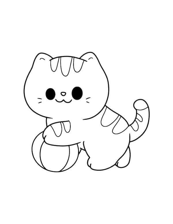 Cat playing with a ball Easy cat coloring page for kids