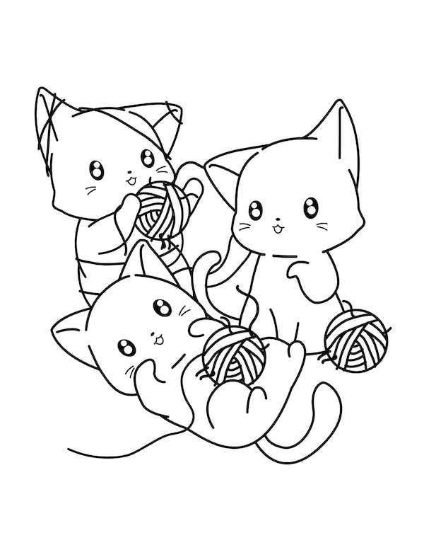 Cats playing with yawns Super cute cat coloring page