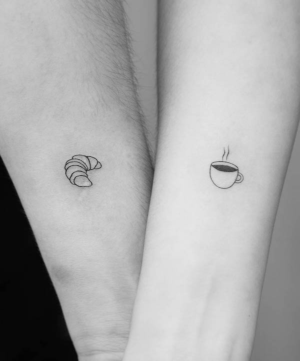 Croissant and coffee matching fine line tattoos by @studiodaveink