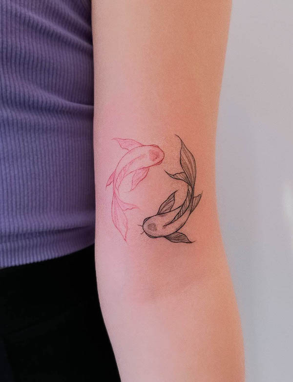 Double koi fish fine line tattoo by @vero.nika_.tattoo