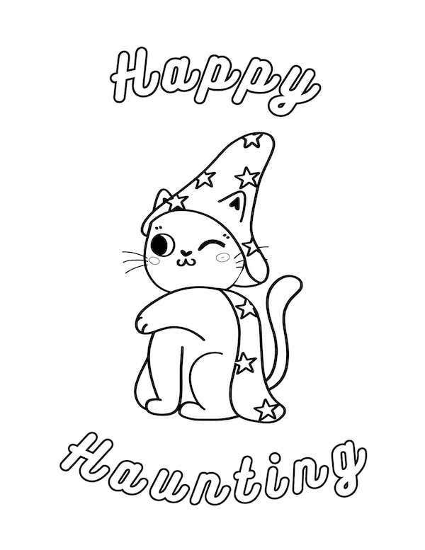 Happy haunting - cat coloring page
