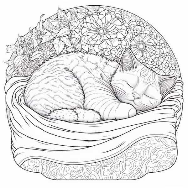 Intricate greyscale sleep cat coloring page