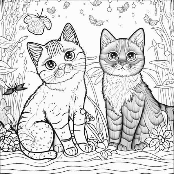 Kittens in the wonderland intricate cat coloring page